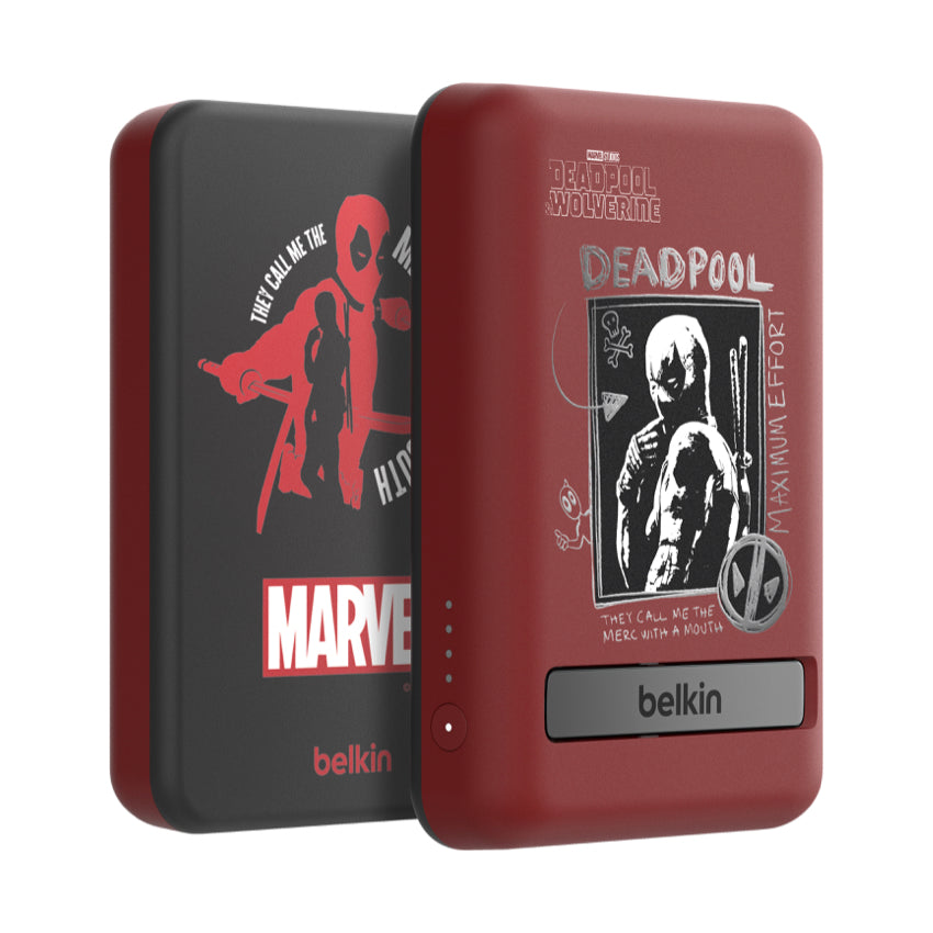 แบตเตอรี่สำรองพกพา Boost Charge 7.5 วัตต์ ความจุ 5,000 mAh พร้อมขาตั้งในตัว ลาย Deadpool จากแบรนด์ BELKIN