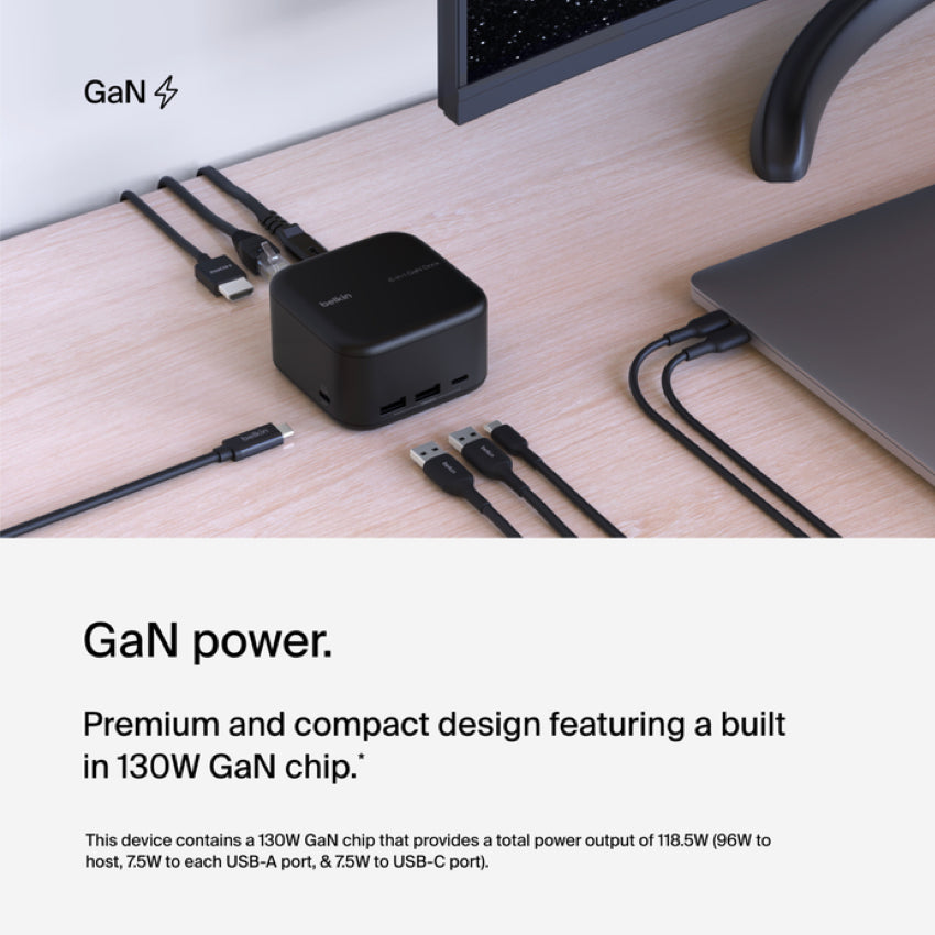 Belkin CONNECT USB-C GaN Dock with Power Pass 130W and 2M Power Cord - Black