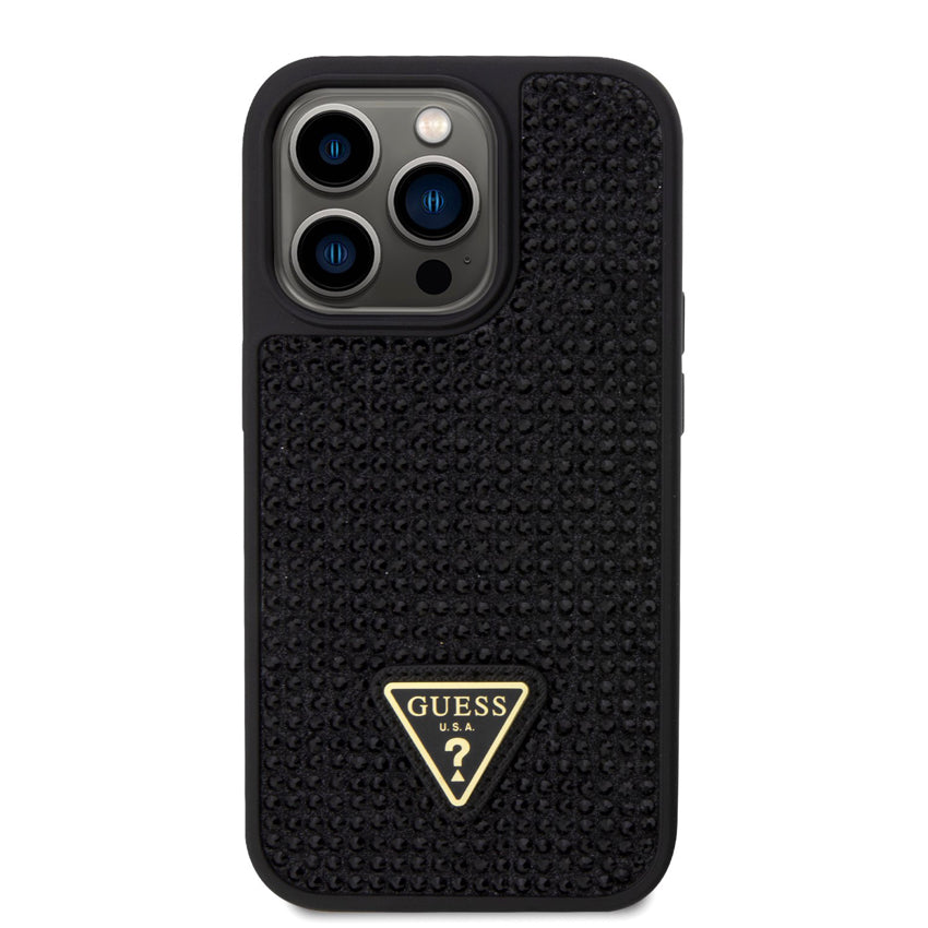 Guess Rhinestones With Triangle Metal Patch Logo for iPhone 15 Pro - Black