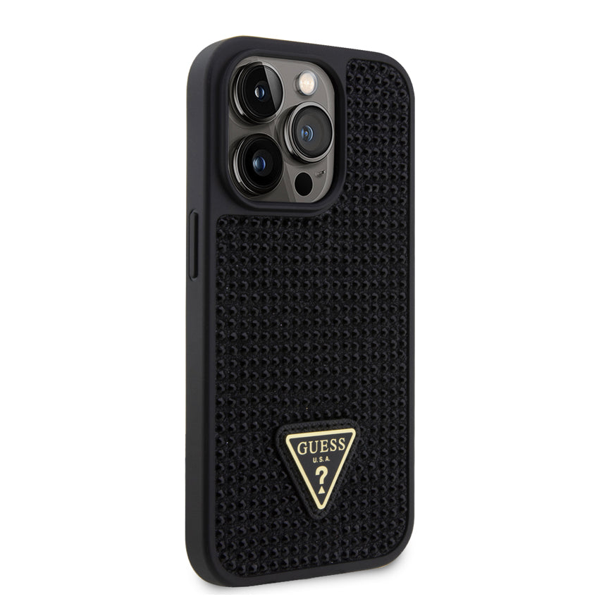 Guess Rhinestones With Triangle Metal Patch Logo for iPhone 15 Pro - Black