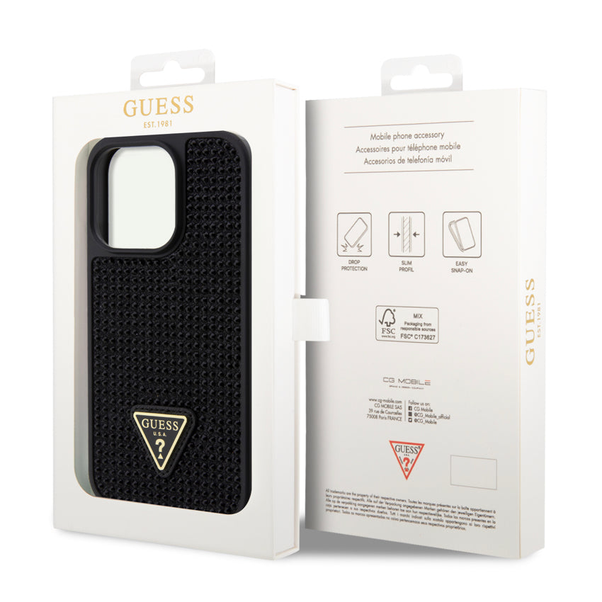 Guess Rhinestones With Triangle Metal Patch Logo for iPhone 15 Pro - Black