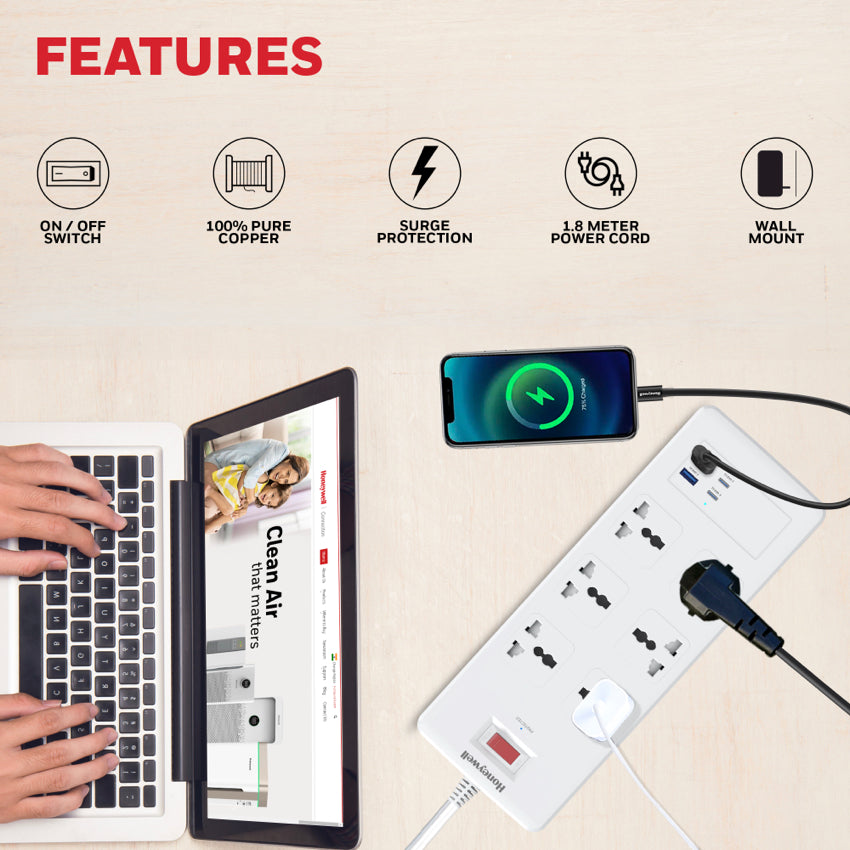 Honeywell 6 Outlet Surge Protector with 2 x Type-C with PD and 2 x USB-A