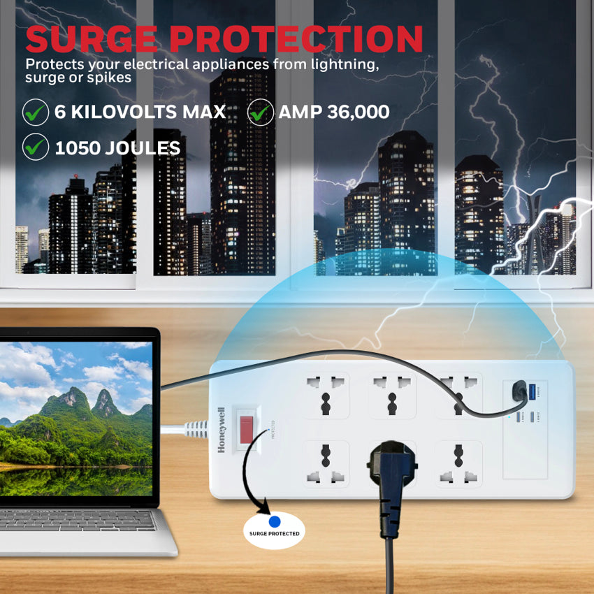 Honeywell 6 Outlet Surge Protector with 2 x Type-C with PD and 2 x USB-A