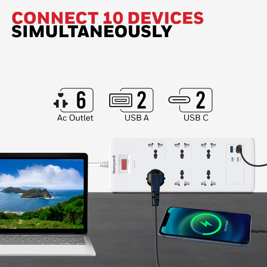 Honeywell 6 Outlet Surge Protector with 2 x Type-C with PD and 2 x USB-A