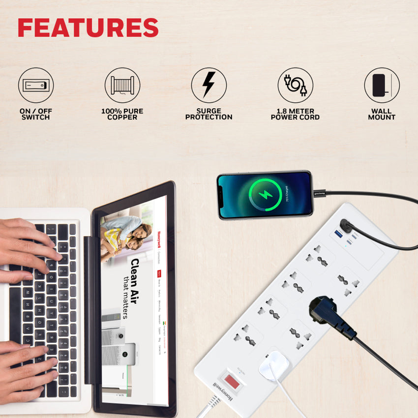 Honeywell 8 Outlet Surge Protector with 2 x Type-C with PD and 2 x USB-A