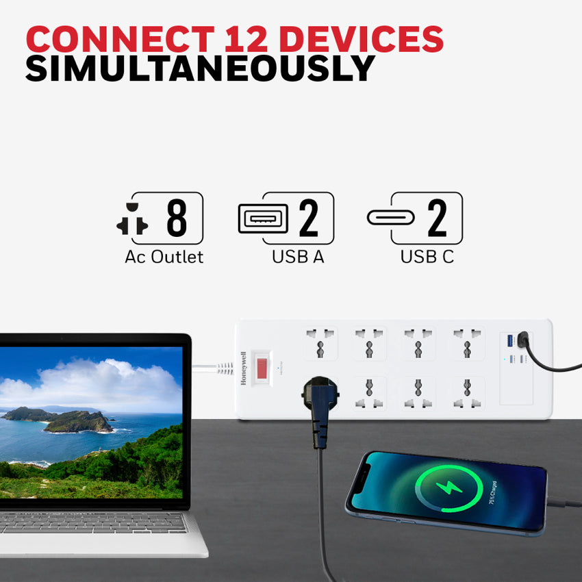 Honeywell 8 Outlet Surge Protector with 2 x Type-C with PD and 2 x USB-A