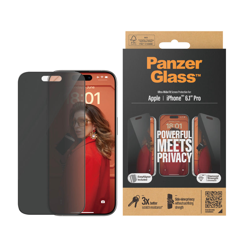 PANZERGLASS Ultra Wide Fit Privacy for iPhone 15 Pro [With Applicator]