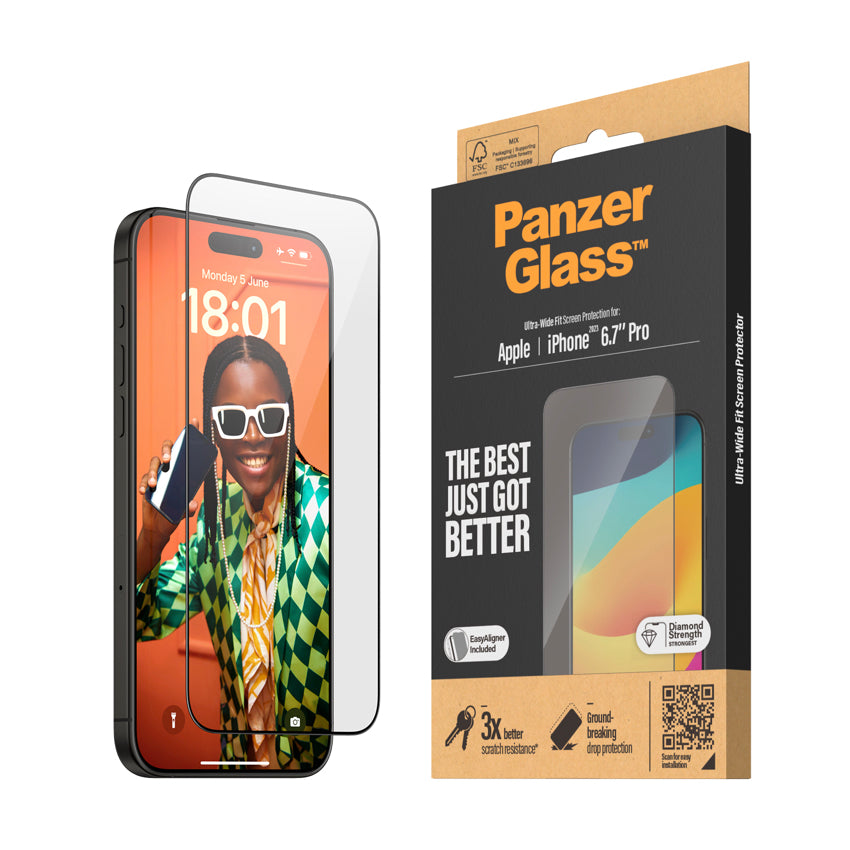 PANZERGLASS Ultra Wide Fit for iPhone 15 Pro Max [With Applicator]