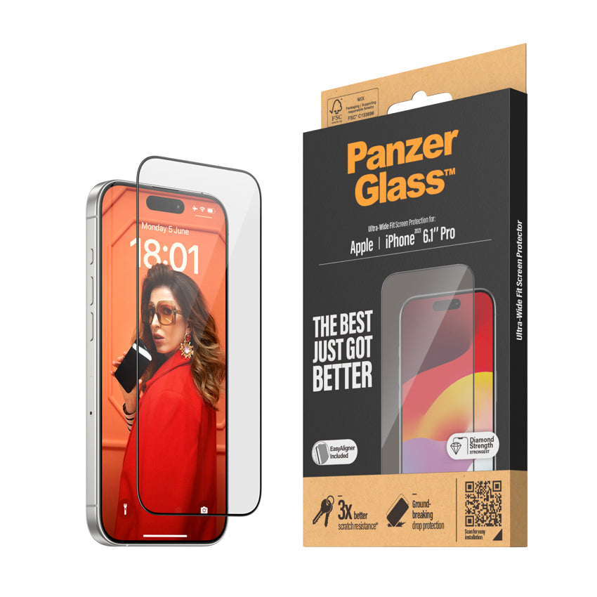 PANZERGLASS Ultra Wide Fit for iPhone 15 Pro [With Applicator]