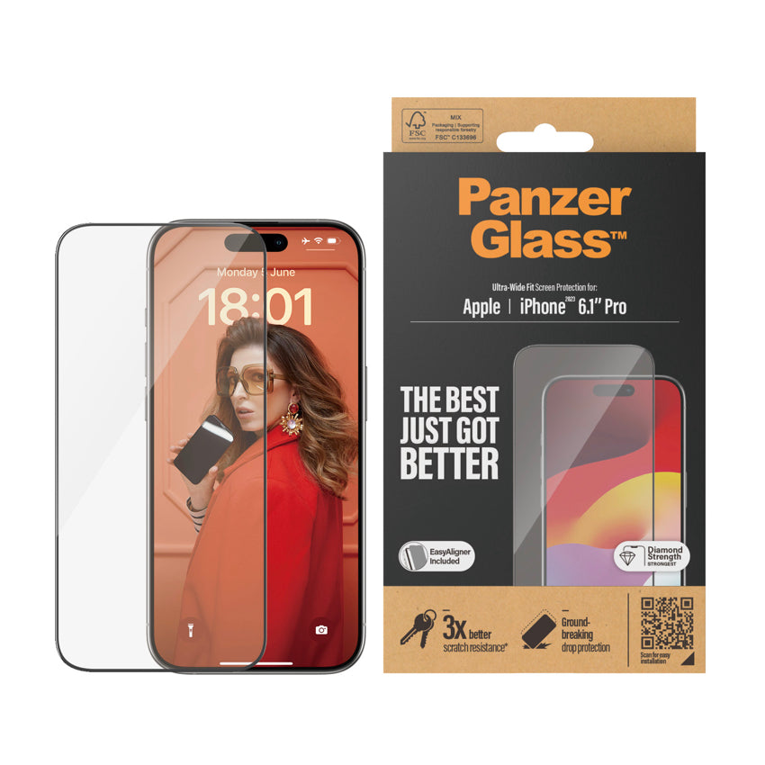 PANZERGLASS Ultra Wide Fit for iPhone 15 Pro [With Applicator]