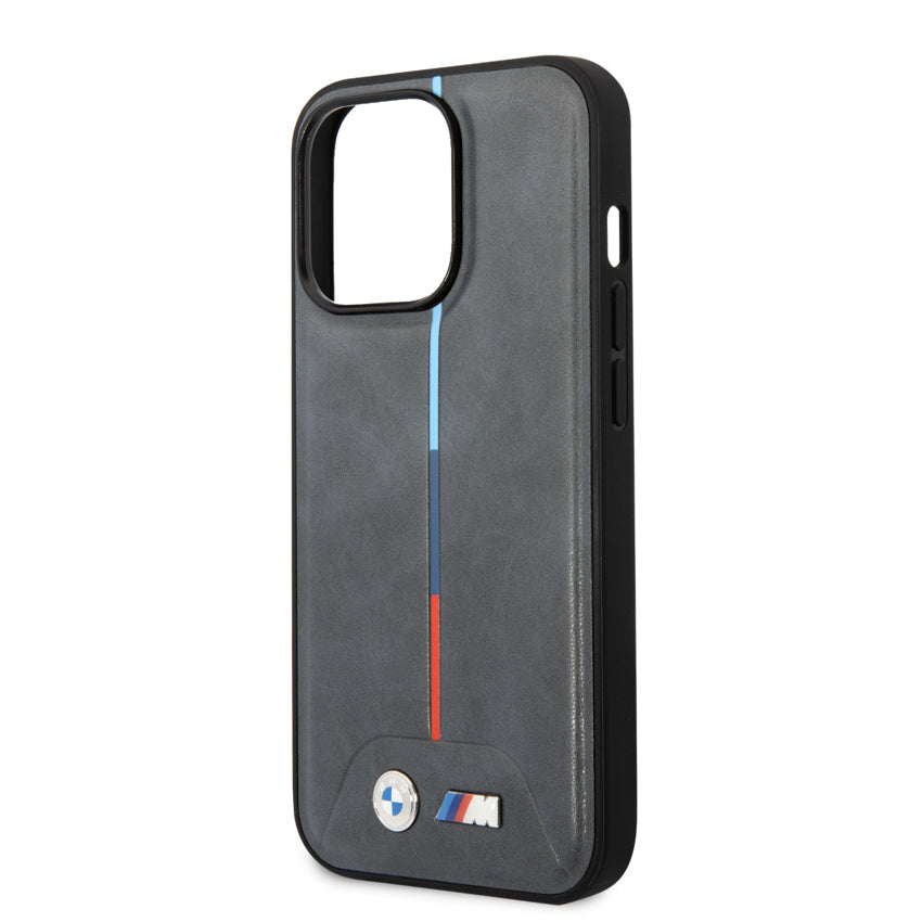 BMW M Mag Quilted Pu Hot Stamped Tricolor Stripe Printed Logo for iPhone 15 Pro - Grey