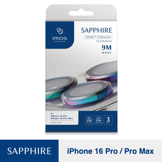 ฟิล์มกระจกป้องกันเลนส์ Imos Sapphire PVD Stainless สำหรับ iPhone 16 Pro / 16 Pro Max สี Titanium Flamed