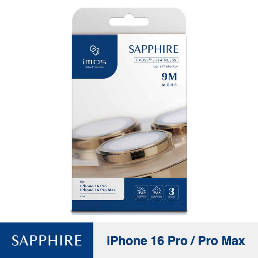 ฟิล์มกระจกป้องกันเลนส์ iPhone 16 Pro/16 Pro Max Imos Sapphire PVD Stainless Frame สี Gold