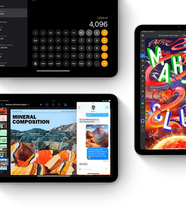 Three iPad mini displays showing iPadOS and apps features