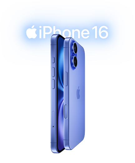 Two iPhone 16 devices, side exterior, stacked facing each other in Ultramarine finishes, volume buttons, Action button, Side button, Camera Control button, Apple logo in center, raised Advanced dual-camera system