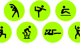 Workout app activities, including Yoga, Rower, Functional Strength Training, Indoor Cycle, and Core Training, represented by icons