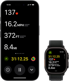 Live Activity showing a person's biking metrics on both their Ultra 2 and their iPhone