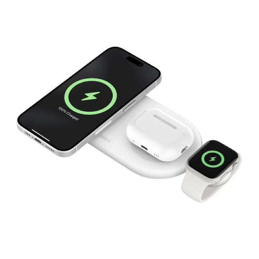 Belkin BOOST CHARGE Qi2 3-in-1 Wireless Charging Pad 15W with Apple Watch - White